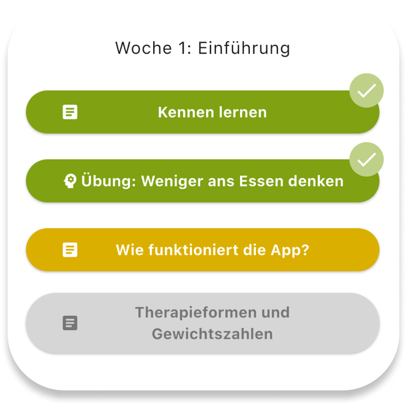 Screenshot von Woche 5 (Motivation) in der eatappie-App, mit Aufgaben wie ‚Motivation‘, ‚Übung: Brief an mich selbst‘ und ‚Phasen der Veränderung‘.