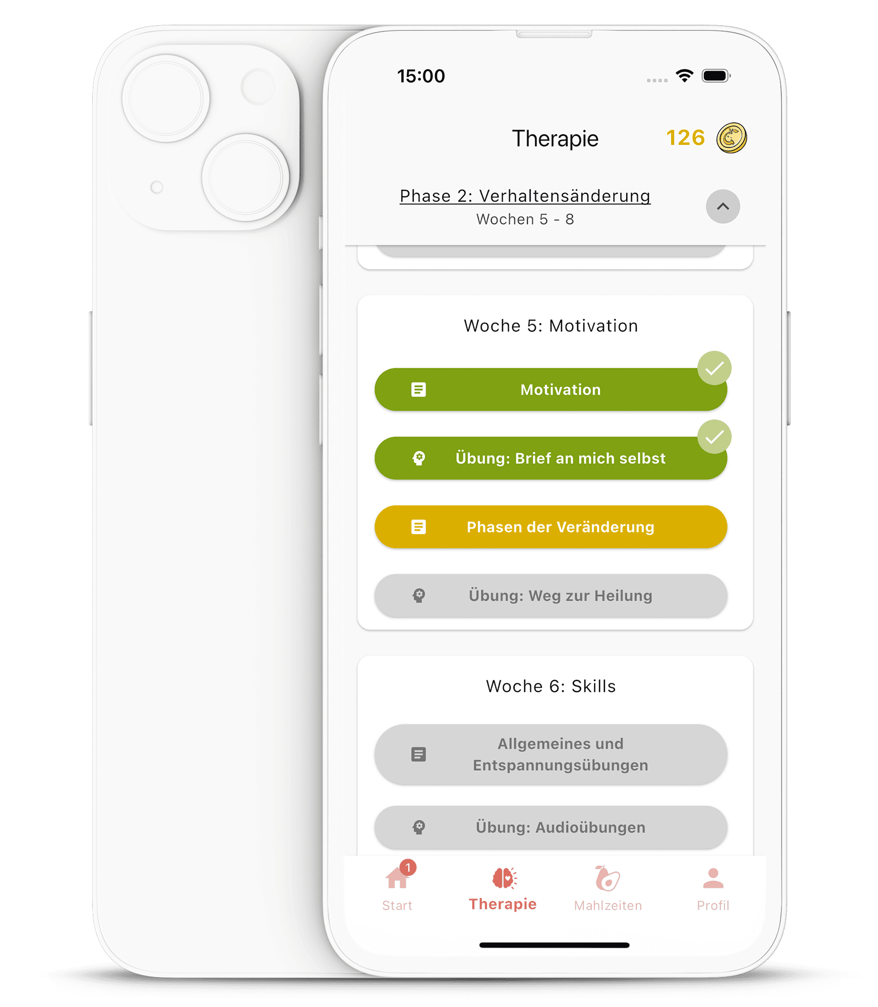 Smartphone-Screenshot des Therapiebereichs in der eatappie-App mit aufeinander aufbauenden Wochenmodulen und Übungen zu Motivation, Verhaltensänderung und Skills.