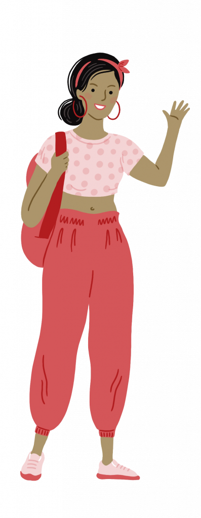 eatappie - Illustration einer jungen Frau in roter Hose und gepunktetem Oberteil, die lächelnd zwinkert und einen Rucksack trägt.