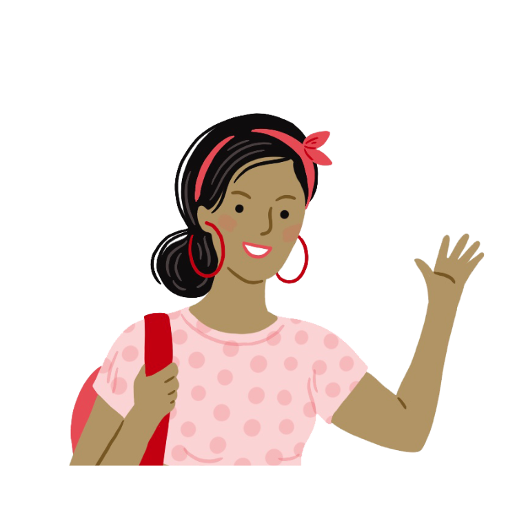 Illustration einer lächelnden Frau mit dunklem Haar, rotem Haarband und gepunktetem T-Shirt, die zwinkert und winkt.