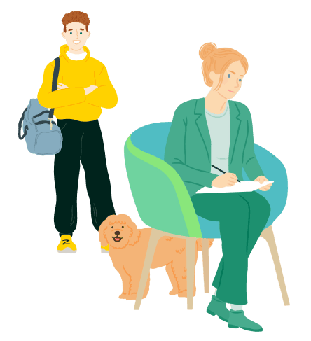 Illustration einer Therapeutin, die in einem grünen Sessel sitzt und Notizen macht, während ein jugendlicher Junge in gelbem Hoodie danebensteht und ein Hund dazwischen sitzt.